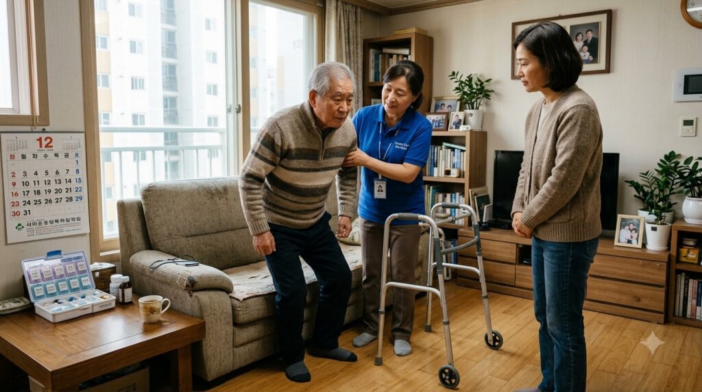 2026 치매 치료관리비 지원 총정리 | 대상·지원금·신청방법 4 Caregiver helping elderly man stand 202608152324