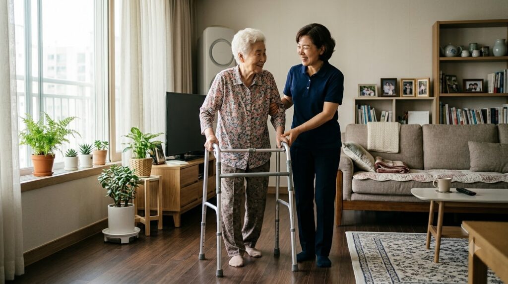 2026 요양보호사 자격증 취득방법|교육시간·시험·비용·가족요양까지 4 Caregiver helping grandmother walk 202608172104
