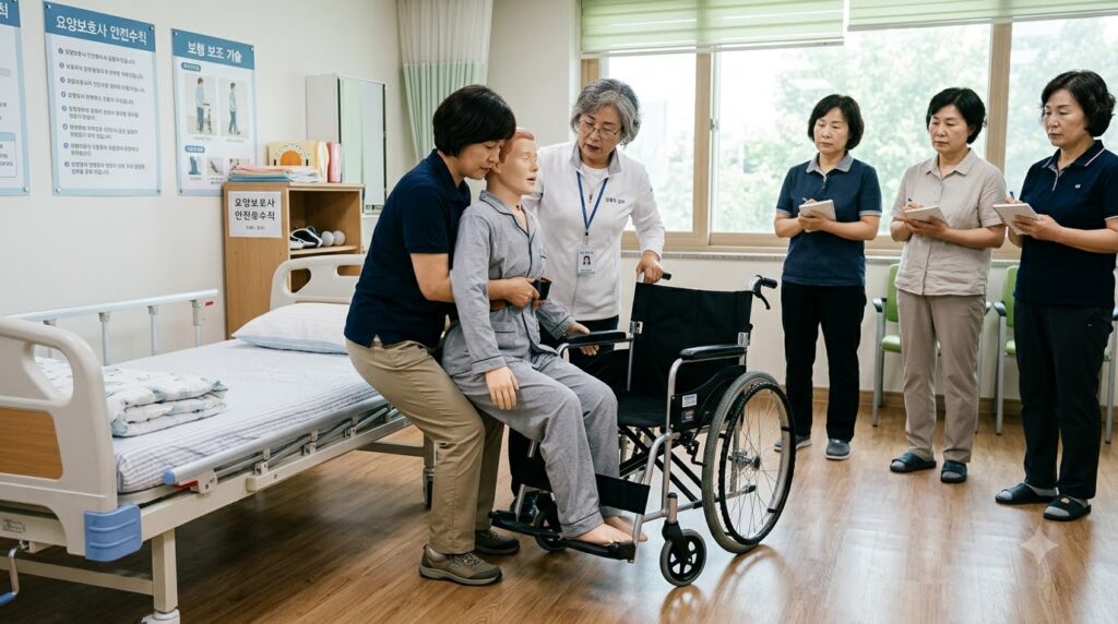 2026 요양보호사 자격증 취득방법|교육시간·시험·비용·가족요양까지 2 Caregiver practicing wheelchair … 202608172104 1