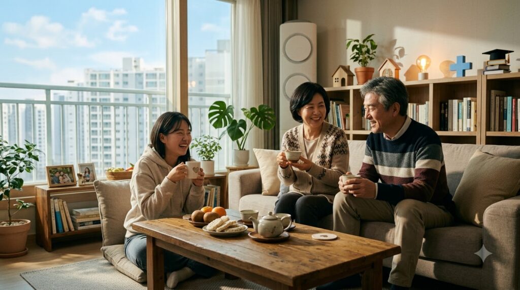 Couple and child enjoying tea 202608041228