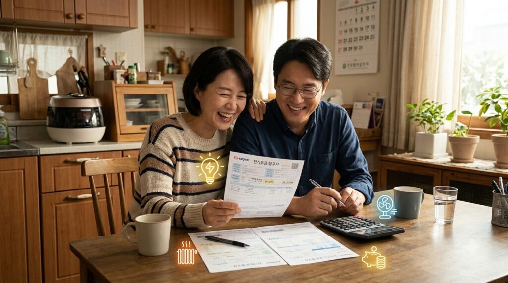 2026 에너지바우처 총정리 | 신청 대상부터 지원금액, 신청방법까지 한눈에 4 Couple relieved looking at bill 202608041247