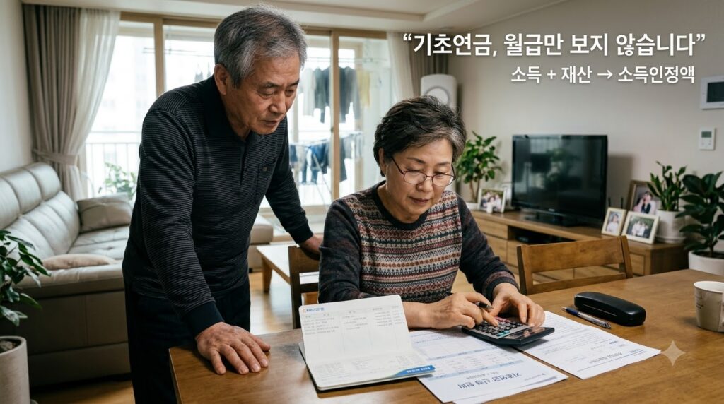 2026 기초연금 총정리 | 수급자격·소득기준·지원금·신청방법 3 Couple reviewing financial docum… 202608131121 2