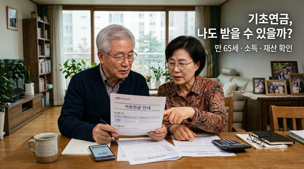 2026 기초연금 총정리 | 수급자격·소득기준·지원금·신청방법 1 Couple reviewing pension documents 202608131121 2