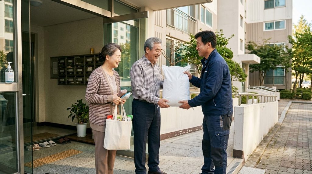 2026 정부양곡 할인 신청|기초생활수급자·차상위계층 쌀 10kg 가격과 신청방법 3 Delivery person handing rice bag 202608242306