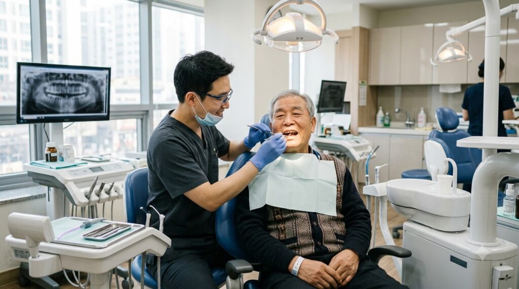 2026 노인 틀니·임플란트 지원 총정리 | 만 65세 이상 건강보험 혜택·본인부담금 1 Dentist examining elderly man teeth 202608191216