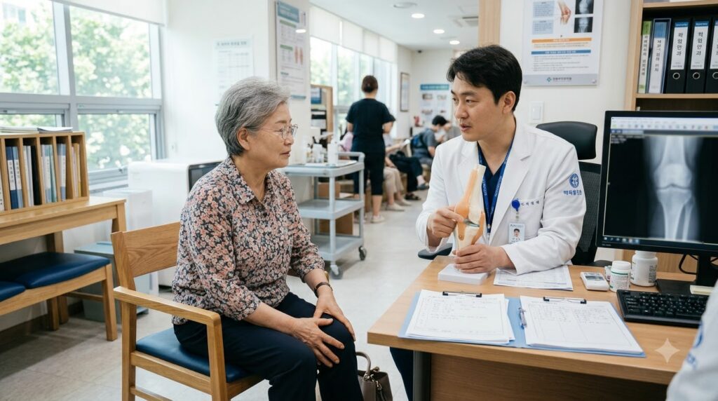2026 노인 무릎인공관절 수술비 지원 총정리 | 대상·지원금·신청방법 1 Doctor explaining knee to patient 202608170127