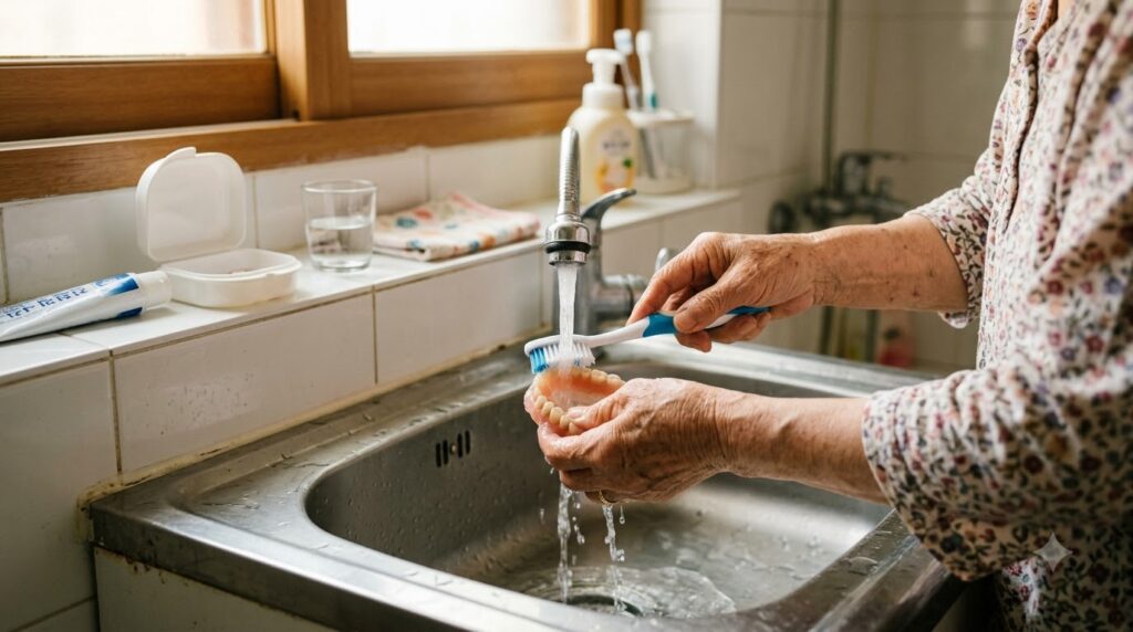 2026 노인 틀니·임플란트 지원 총정리 | 만 65세 이상 건강보험 혜택·본인부담금 4 Elder cleaning dentures at sink 202608191216