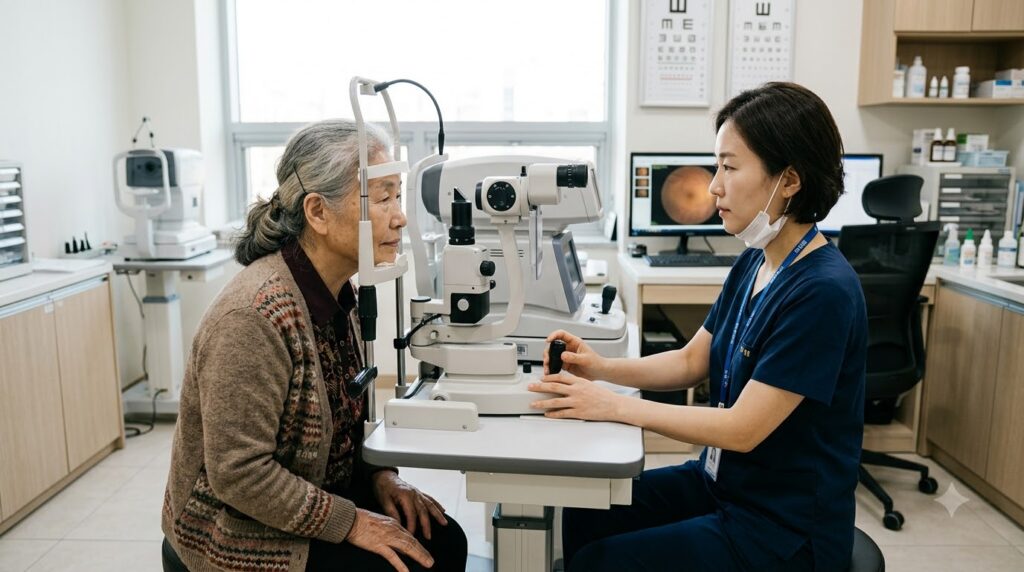 Elderly woman receiving eye exam… 202608190117