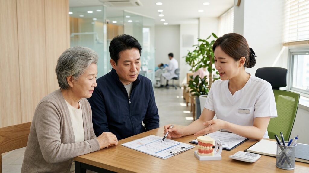 2026 노인 틀니·임플란트 지원 총정리 | 만 65세 이상 건강보험 혜택·본인부담금 2 Family consulting about dental i… 202608191216 1
