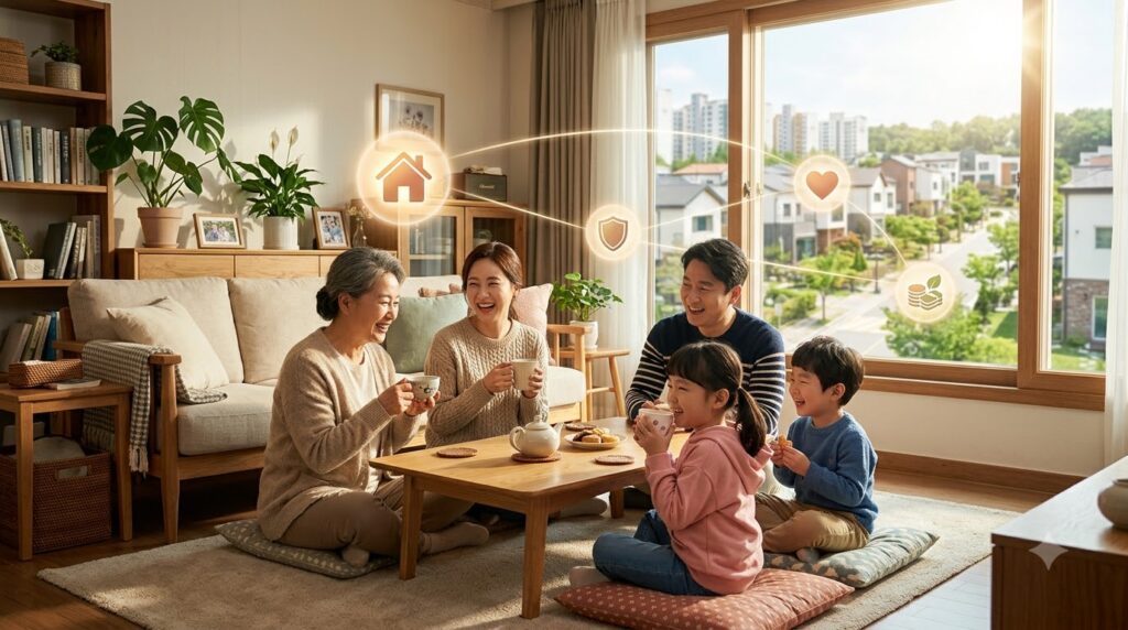 2026 주거급여 총정리 | 신청 자격부터 지원금, 신청방법까지 한눈에 5 Family drinking tea in living 202608031407