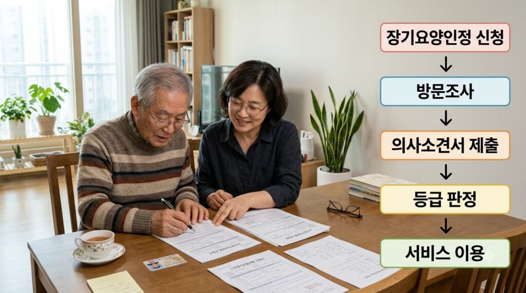 2026 노인장기요양보험 총정리 | 신청 대상·등급·혜택·신청방법 1 Family reviewing care applicatio… 202608152227