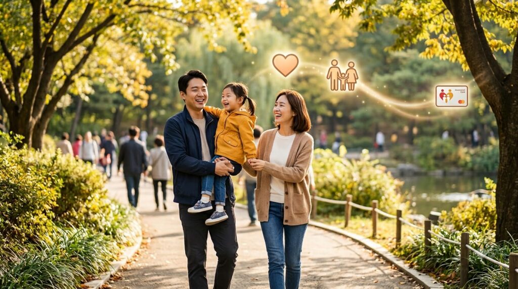 2026 국민행복카드 총정리 | 신청 대상부터 바우처 혜택, 사용처까지 한눈에 5 Korean parents walking with child 202608062043 2