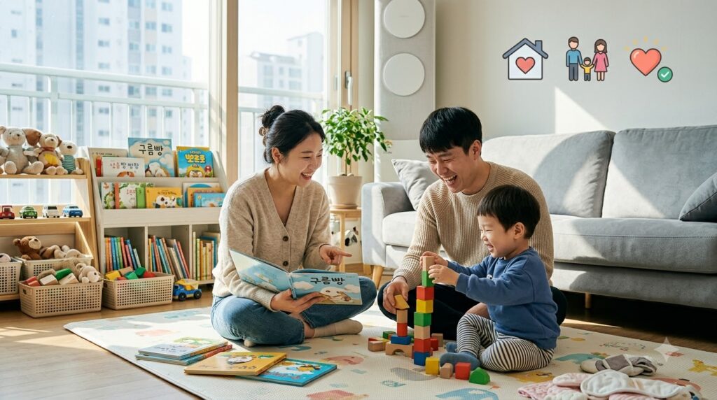 2026 가정양육수당 총정리 | 지원 대상부터 신청방법까지 한눈에 1 Parents reading book with child 202608071237