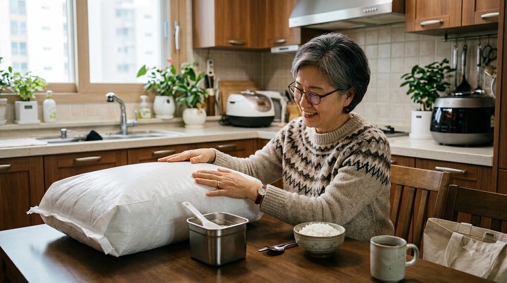 2026 정부양곡 할인 신청|기초생활수급자·차상위계층 쌀 10kg 가격과 신청방법 1 Woman checking rice bag in 202608242306