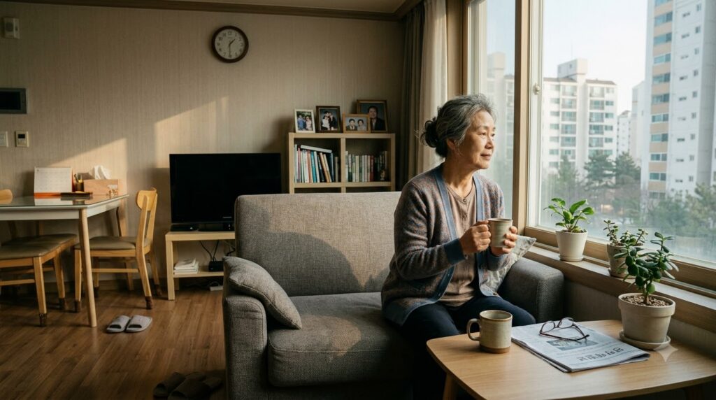Woman drinking tea by window 202608141049