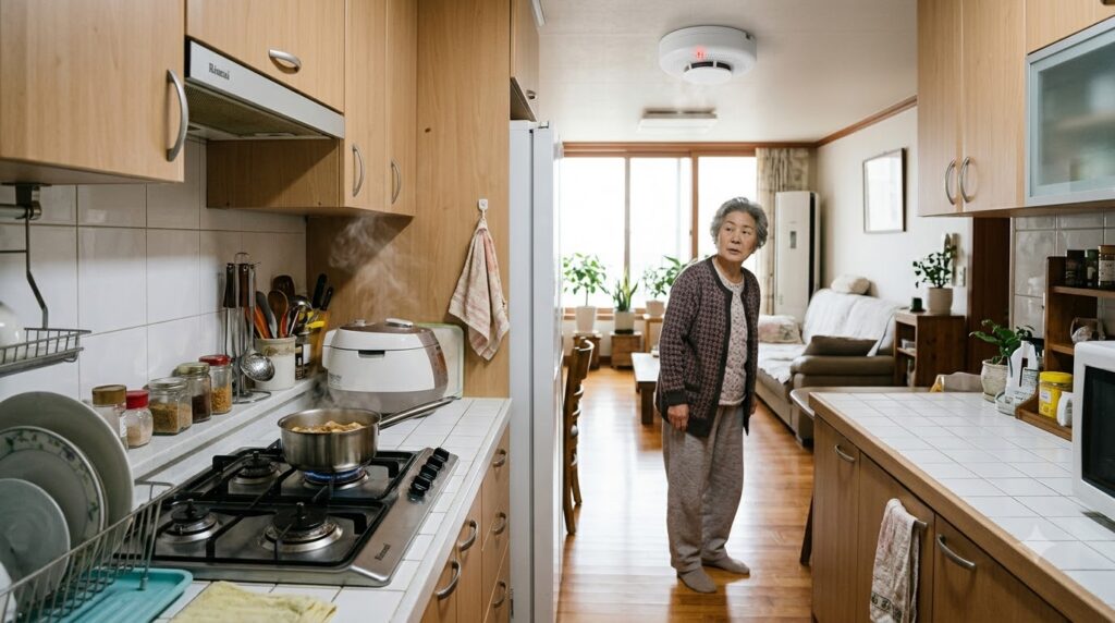 Woman noticing smoke in kitchen 202608141050