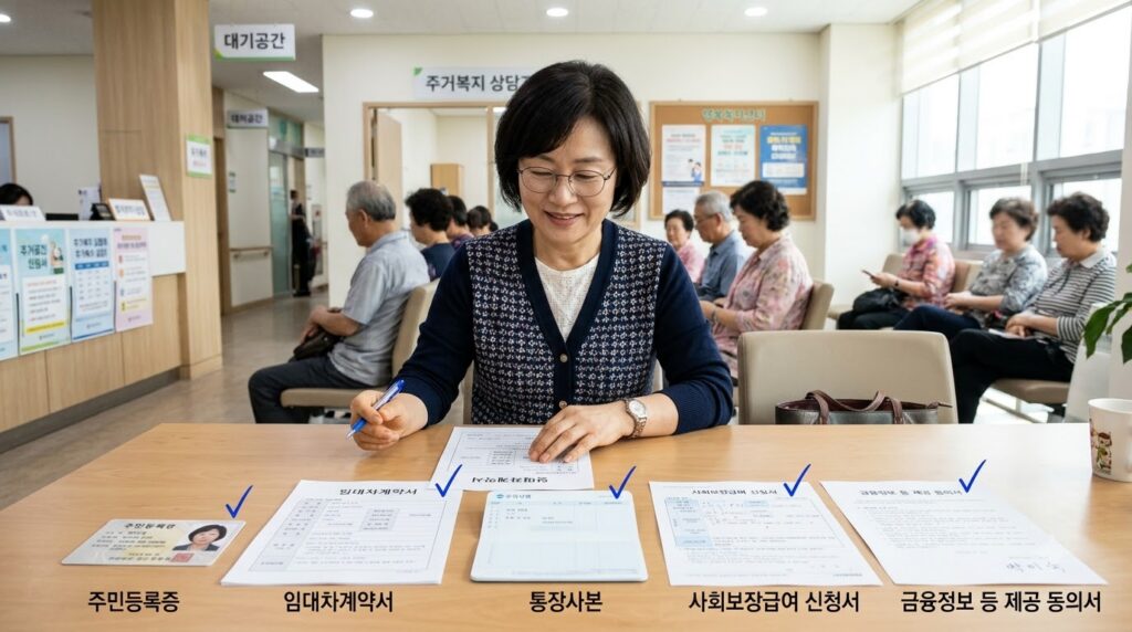 2026 주거급여 총정리 | 신청 자격부터 지원금, 신청방법까지 한눈에 4 Woman organizing housing applica… 202608031407