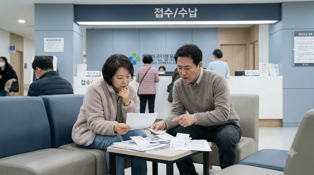 2026 재난적의료비 지원 대상과 소득·재산·병원비 기준을 확인하세요. 1 Couple reviewing medical bills 202609042325