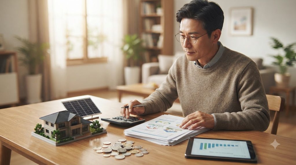 2026 신재생에너지 주택지원사업|태양광·지열 설치비 지원 대상과 신청방법 4 Homeowner calculating solar inst… 20260927184356 1