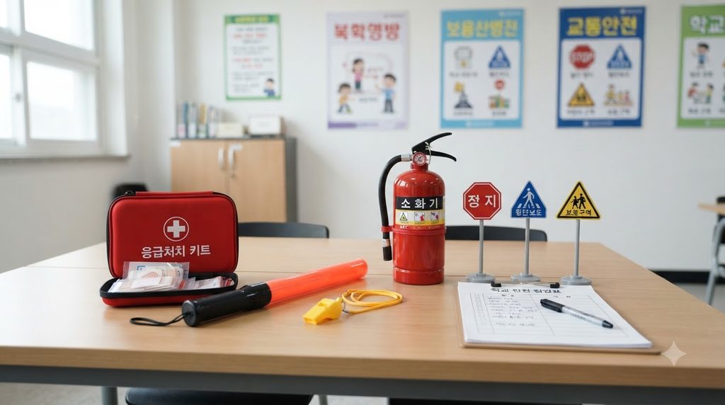 2026 학교안전지도사 1급 자격증|자격조건·하는 일·취업·급여 총정리 5 Safety equipment arranged on table 20260923224515