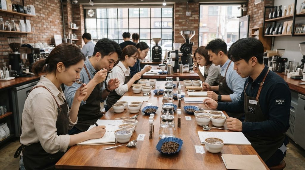 국제커피바리스타전문가 1급 무료수강|비용·시험·국제공인 자격증일까? 5 Trainees practicing coffee cupping 20260918215022