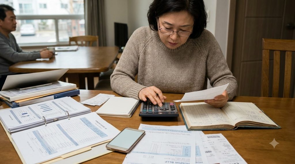 2026 재난적의료비 지원 대상과 소득·재산·병원비 기준을 확인하세요. 2 Woman calculating medical expens… 202609042325