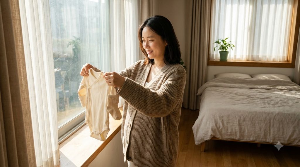 2026 임신·출산 진료비 지원 | 국민행복카드 100만원 사용처와 신청방법 1 Woman holding baby clothes indoors 202609052324