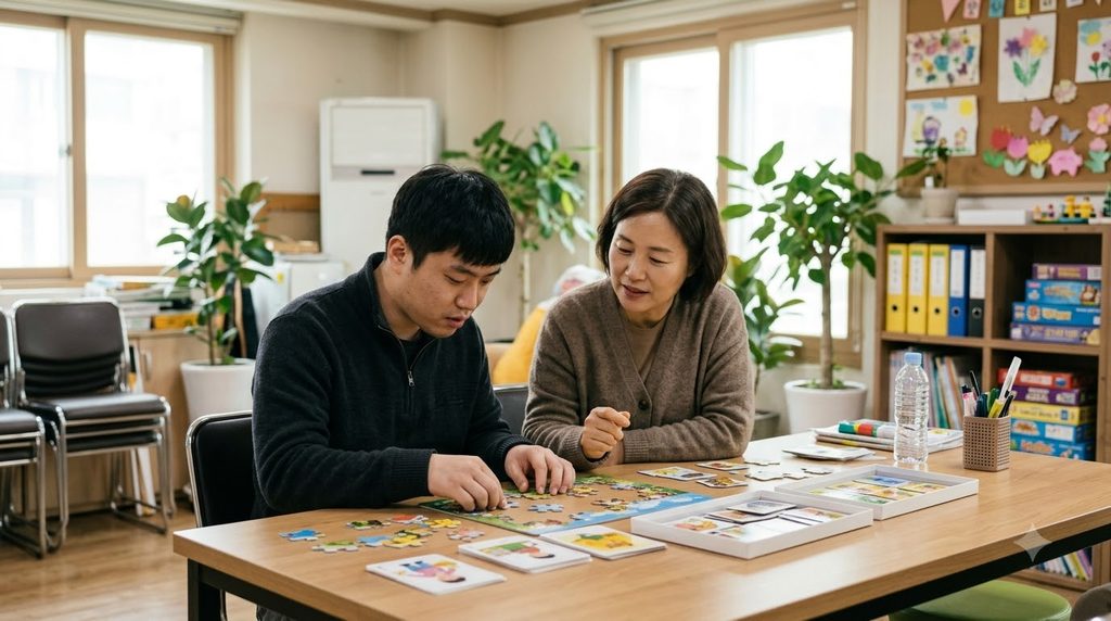 Adult and worker doing puzzles 20261007000912