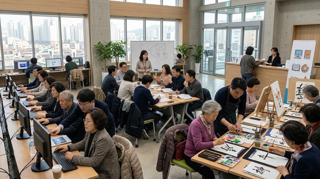 2026 서울 평생교육이용권 35만원|신청대상·사용처·농협카드·사용기간 총정리 5 Adult learners studying in center 20261008223001