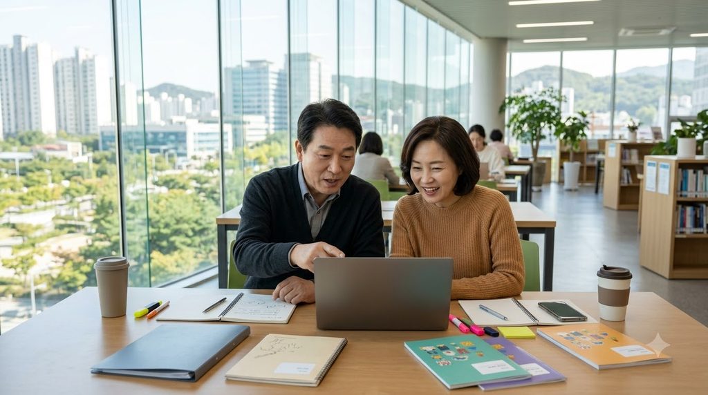 2026 대전 평생교육이용권 35만원|3차 소득무관·신청대상·사용처 총정리 1 Man and woman checking laptop 20261008233100
