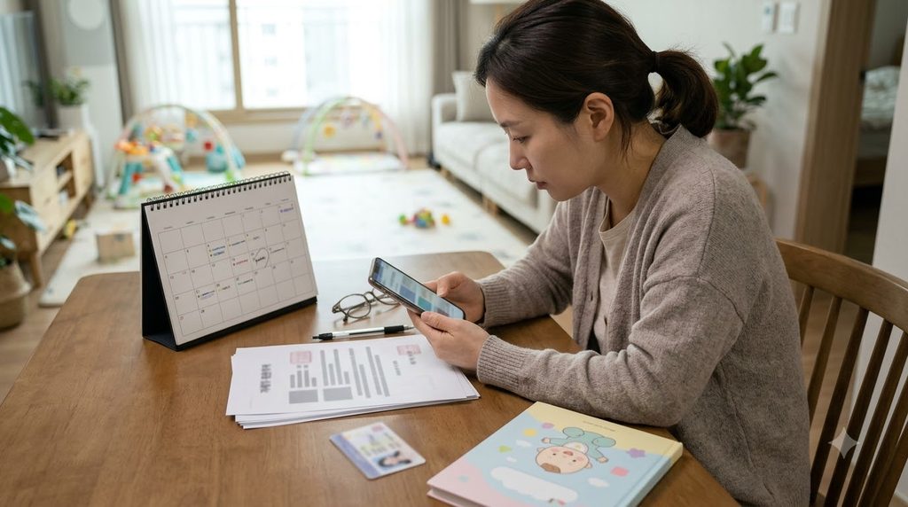2027 아동기본수당 신설|월 20만원·우대지역 30만원 지급대상과 신청방법 6 Mother checking smartphone at home 20261011220533